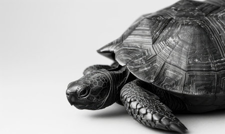 Black and white photo of a tortoise on a white background.の素材