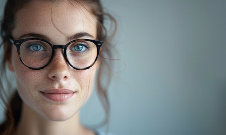 Portrait of a beautiful young woman with freckles and glassesの素材