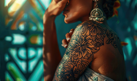 Tattoo art on the body of a beautiful African-American womanの素材
