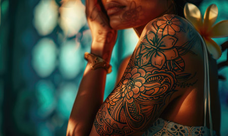 Close-up of a young woman with henna tattoo on her bodyの素材