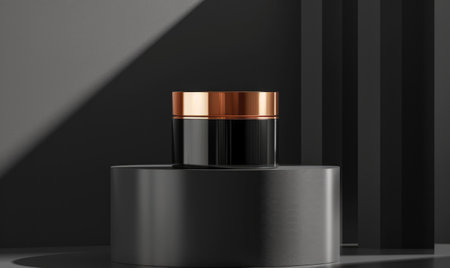 Cosmetic cream bottle on black podium in dark room.の素材