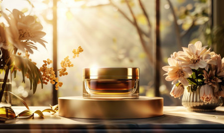 Cosmetic cream jar on golden pedestal in front of window with morning sunlightの素材