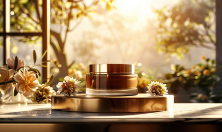 Cosmetic cream in glass jar on the table. Beauty product conceptの素材
