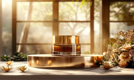 Cosmetic cream jar on golden pedestal in front of window with morning sunlightの素材