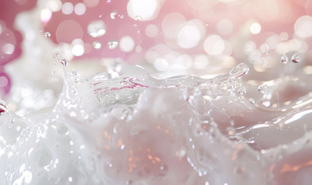 splashes of cosmetic milk on a pink background. close-up beauty routineの素材