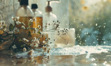 Spa still life with flowers and oil in glass bottles on the windowsillの素材