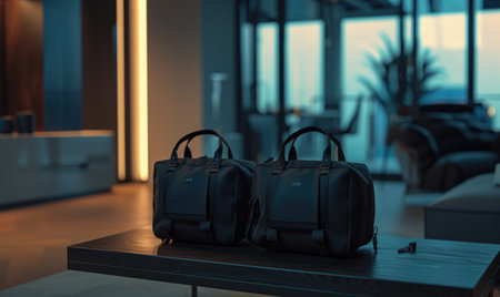 Black leather travel bags on table in modern hotel lobby.の素材