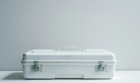 white travel suitcase on white background with copy space for textの素材