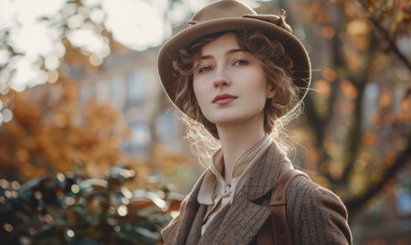Portrait of a beautiful young woman in a hat and coat in the autumn parkの素材