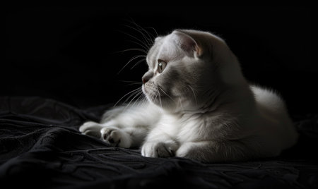 Beautiful white cat on black background. Close-up, selective focus.の素材