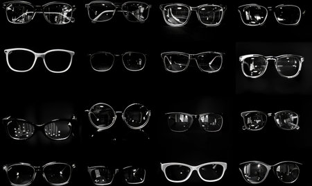 Collection of eyeglasses on a black background. View from above.の素材