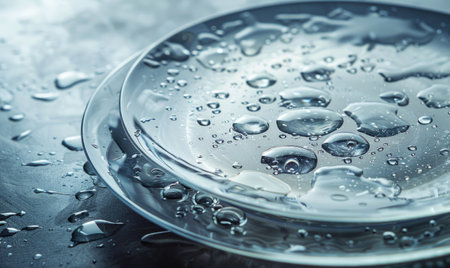 Water drops on a glass plate on a dark background.の素材
