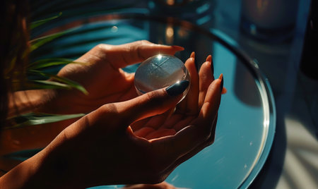 Close-up of woman's hands holding crystal ball on glass tableの素材