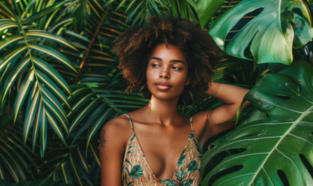Portrait of beautiful African American woman with afro hairstyle in green tropical leaves.の素材