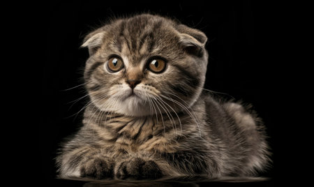 Portrait of Scottish Fold Cat Looking at Camera on Black Backgroundの素材