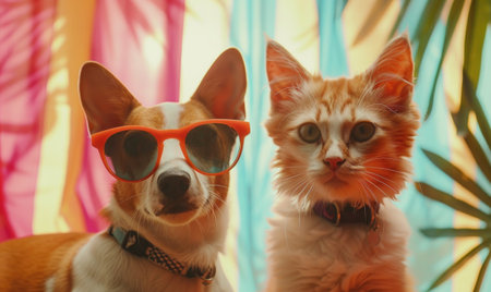 Cute cat and dog wearing sunglasses on the beach, vintage toneの素材