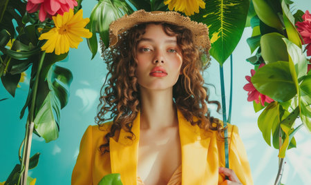 beautiful young woman in straw hat and yellow coat posing with tropical flowersの素材