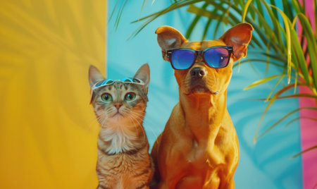 Cute cat and dog in sunglasses on a colored background. Selective focus.の素材