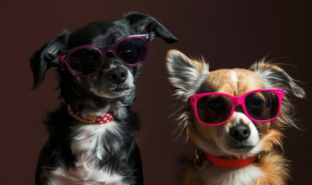 Two dogs with pink glasses on a dark background, close-upの素材