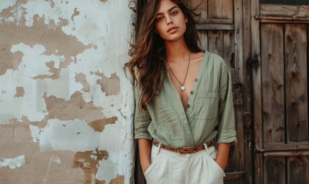 Portrait of a beautiful girl in a green blouse and white pantsの素材