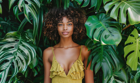 Beautiful african american woman with afro hairstyle posing among tropical leavesの素材