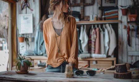 Stylish woman in a beige blouse and jeans in a shopの素材
