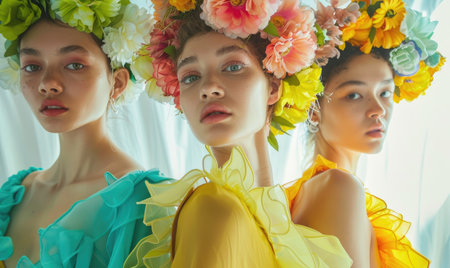 three beautiful women in a wreath of flowers on their heads on a light backgroundの素材