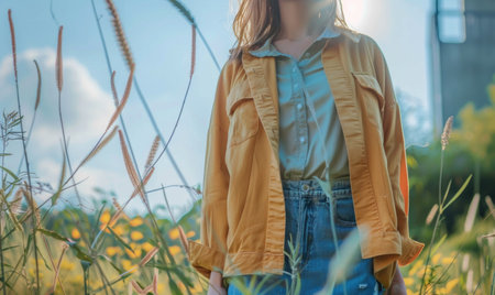 Young beautiful woman in a wheat field. A girl in a yellow shirt and jeans.の素材