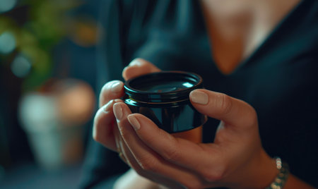 Close up of female hands holding jar with cosmetic cream in dark roomの素材