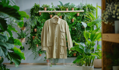 Fashionable clothes hanging in a shop with flowers and plants.の素材