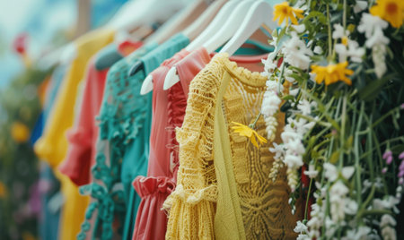 Colorful women's clothing on hangers in the shop. Selective focus.の素材