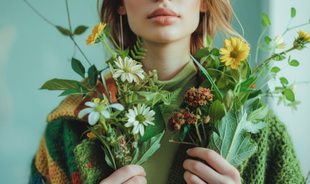 cropped view of woman in green sweater holding bouquet of wildflowersの素材