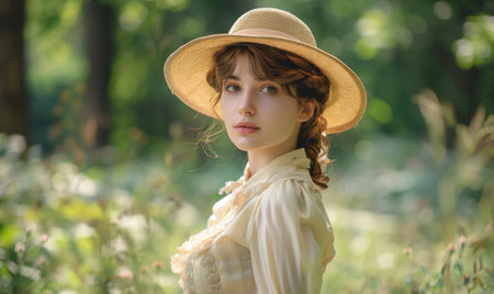 Portrait of a beautiful young woman in a hat in a parkの素材