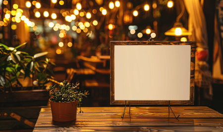 Blank white menu board on wooden table in cafe, mock upの素材