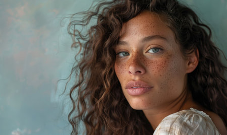 Portrait of a beautiful young woman with freckles on her faceの素材