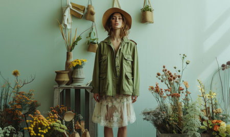 Beautiful young woman in hat and green shirt standing in flower shopの素材