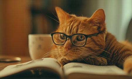 Cute ginger cat in eyeglasses reading a book at homeの素材