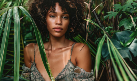 beautiful african american woman looking at camera while posing among tropical leavesの素材