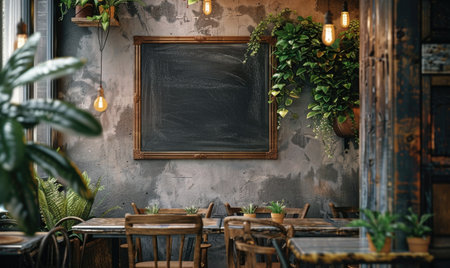 Empty blackboard in a cafe interior with wooden chairs and plants.の素材