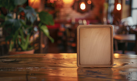Empty wooden signboard on a wooden table in a cafe or restaurantの素材