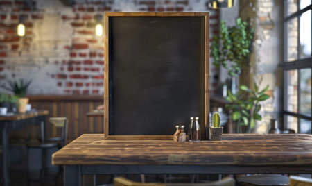 Blank photo frame on wooden table in cafe. Mockup for designの素材