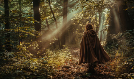 Mysterious woman in a dark forest with a hooded cloakの素材