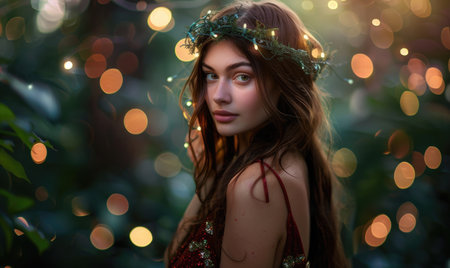 Beautiful young woman in a wreath on her head with bokeh backgroundの素材
