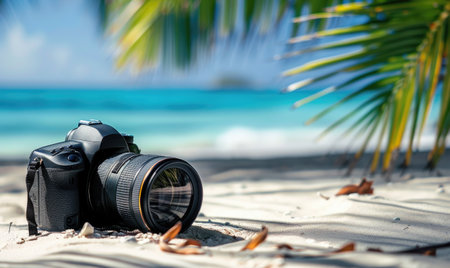 Camera on a tropical beach with palm tree in the background. Focus on cameraの素材