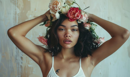 Portrait of a beautiful young woman with flowers in her hair.の素材