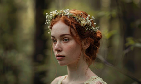 Portrait of a beautiful red-haired girl with a wreath on her headの素材