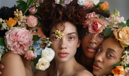 Portrait of beautiful women with makeup and flowers in hair looking at cameraの素材