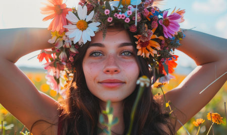 Portrait of a beautiful girl with a wreath of flowers on her headの素材