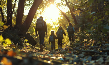 Family hiking in the autumn forest. Mother, father and children hiking in nature.の素材