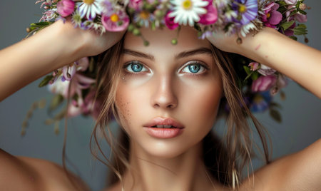 Beautiful young woman in a wreath of flowers on her headの素材
